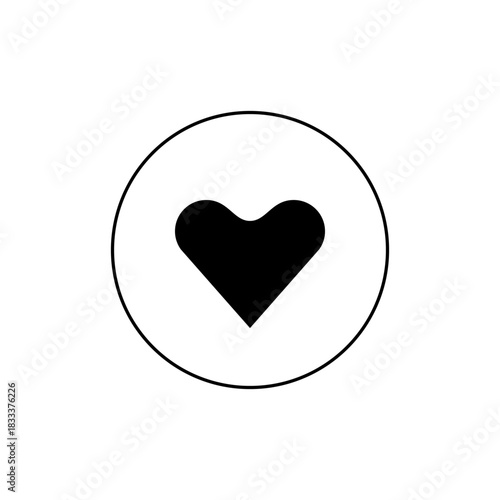 Black heart pointing downwards enclosed within a white circle on a plain white background view from front