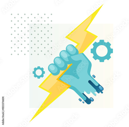 Human Hand Holding Lightning Bolt - Powe in Hand - Stock Illustration