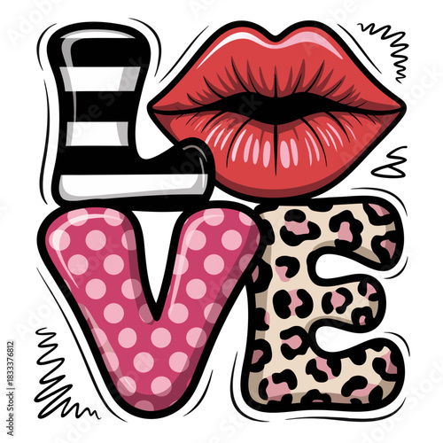 A stylized pop art illustration of the word "LOVE" in a
bold, decorative style
