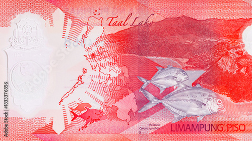 50 Piso Philippines, New Polymer Note 2025 with the image of Taal Lake and giant trevally fish. Money of the Philippines