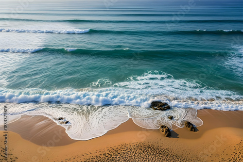 Aerial view of waves crashing on sandy beach with scattered rocks near 4k video