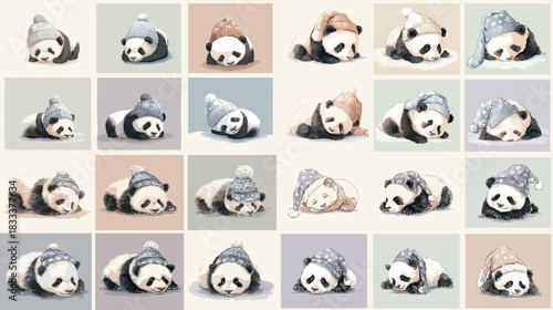 Adorable sleeping panda illustrations wearing cozy winter hats in soft pastel tones. Perfect for nursery art, kids products, bedtime themes, character design, and cute decorative prints.