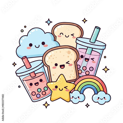 Delightful kawaii style food and weather friends, cute toast, boba tea, rainbow, clouds and a star, perfect for children's books and cheerful designs