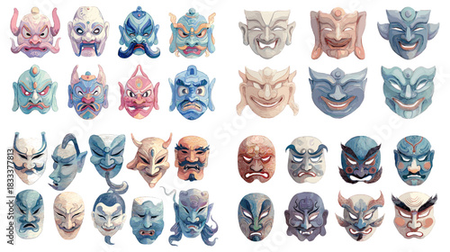 Collection of traditional theater masks with expressive faces, painted details, and cultural artistry. Ideal for folklore themes, performance design, character concepts, and creative illustration.