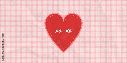 Valentine's Day Poster Red Heart with lace and text on pink seamless gingham check pattern. Vintage coquette postcard or banner. Paper texture background. Modern typography. Vector illustration art