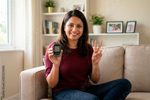 Smiling south asian woman sitting on a couch at home holding a blood glucose meter and showing a peace sign, symbolizing diabetes management and control