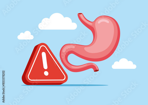 Stomach problems. Stomach human with exclamation attention sign. Internal organs symbol. Digestive system anatomy. Gastroenterology, medicine, biology. Vector flat illustration