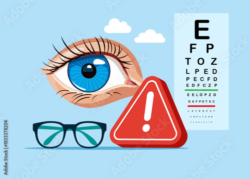 Eye with exclamation attention sign. Ophthalmological treatment. Eye care and sight diagnostic testing. Modern vector illustration in flat style