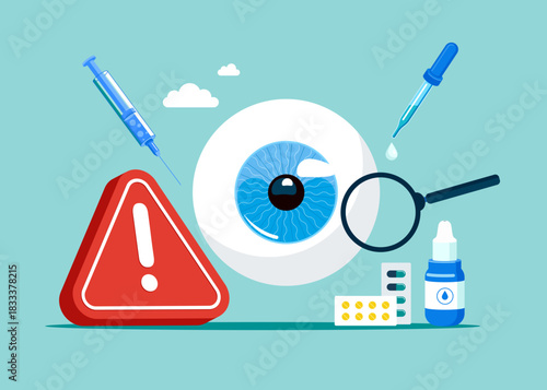 Problem with the pupil of the eye. Eye with exclamation attention sign. Ophthalmological treatment. Eye care and sight diagnostic testing. Modern vector illustration in flat style