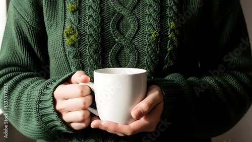 Hands in a cozy green cable-knit sweater holding a warm white mug.