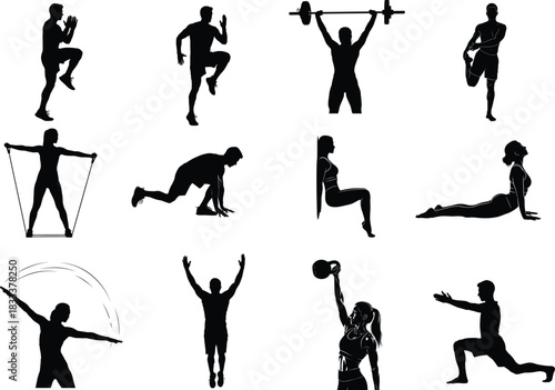 Set of black silhouettes of people doing different exercises