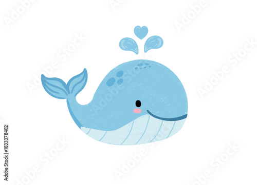 Cute cartoon blue whale spouting water isolated on white background