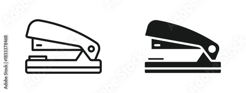Stapler icon set in outline and silhouette style, representing office supplies, paperwork organization, and document fastening, vector illustration.