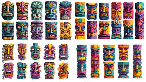 Vibrant tiki mask illustrations with bold colors, carved details, and expressive tribal faces. Perfect for tropical themes, cultural artwork, decoration, and creative design projects.