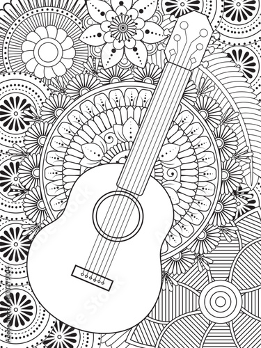 Guitar with flower coloring book  for kids