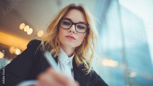 Wallpaper Mural Focused young woman writing at a modern office desk with city view Torontodigital.ca