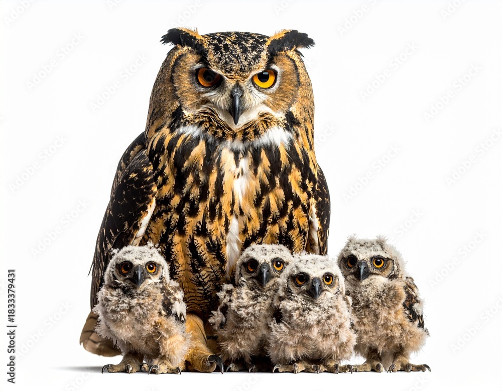 Obraz premium Owl with some chicks on white
