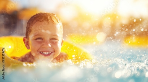 Wallpaper Mural Smiling child enjoying a sunny day in a pool with a bright yellow float Torontodigital.ca