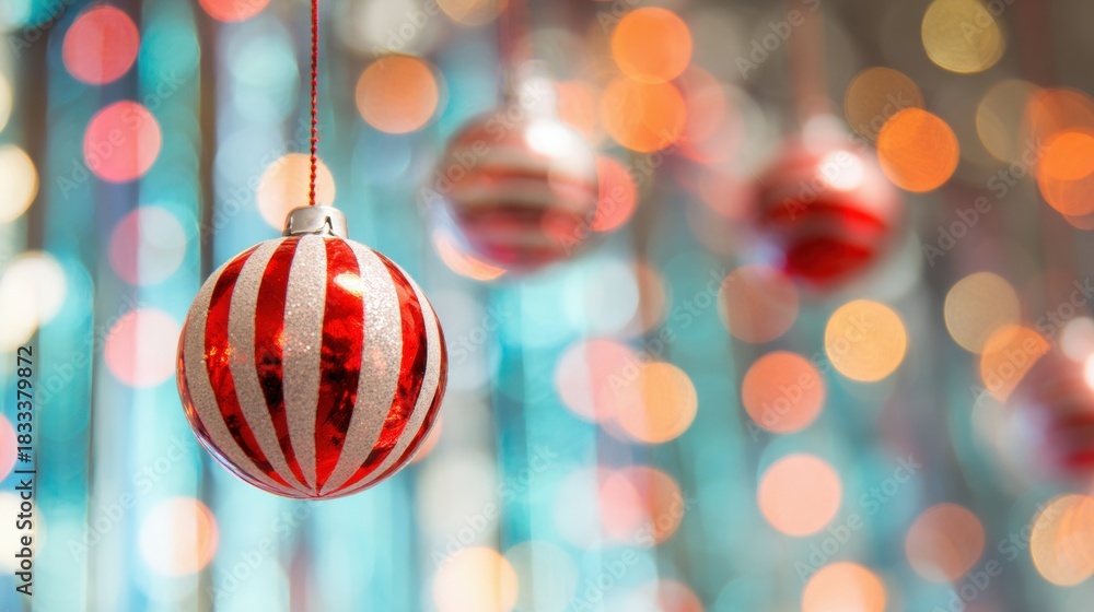 Fototapeta premium Decorative red and white ornament hanging among colorful lights