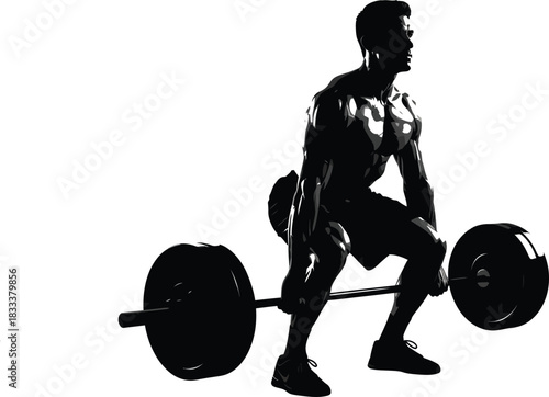 Silhouette of strong man lifting barbell during deadlift exercise