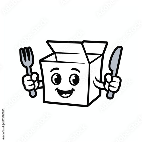 Cartoon takeout box character isolated on white background holding a fork and knife, ready to eat, offering a fun and playful image for food delivery, restaurant promotions, or culinarythemed designs