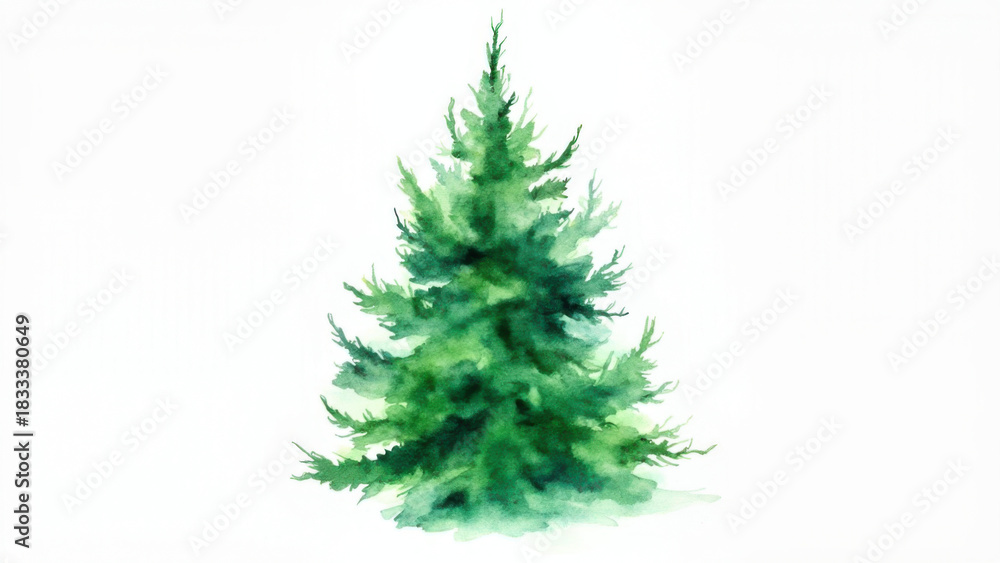 Fototapeta premium Watercolor painting of a vibrant green Christmas tree on a white background