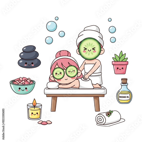 Adorable spa day illustration with happy cucumber eye masks, zen stones, and essential massage oil ready for relaxation and self-care promotion