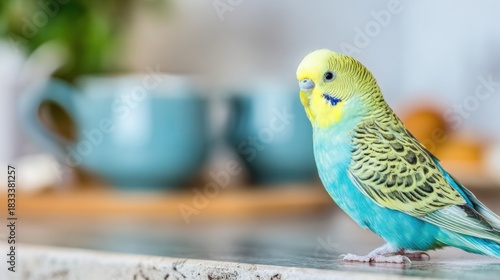 Wallpaper Mural Colorful parakeet perched on kitchen counter near cups and breakfast items Torontodigital.ca