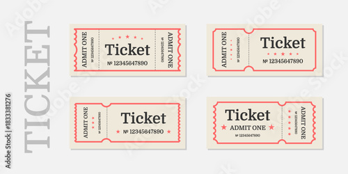 A vector set of retro tickets. Stylish templates with perforations and numbers for events, concerts, and fairs. Suitable for designing posters, coupons, and invitations.