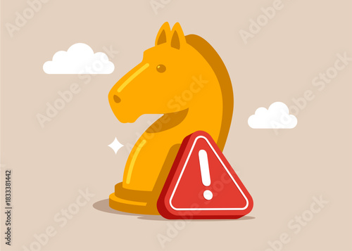Chess figure Horse with exclamation attention sign. Negotiation skill to deal with competitor, agreement or partnership decision. Modern vector illustration in flat style