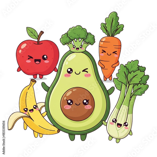 Adorable happy fruit and vegetable friends bring healthy eating to life, perfect for kids' menus and educational content with this vibrant cheerful design