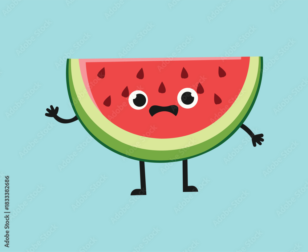 Fototapeta premium Cartoon watermelon character with arms and legs expressing worry on blue