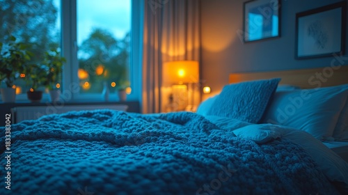 A calming bedroom features blue tones, soft bedding, and gentle lighting for a soothing dusk atmosphere