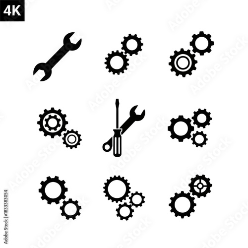 Set of industrial tools and gears icons for mechanical engineering.