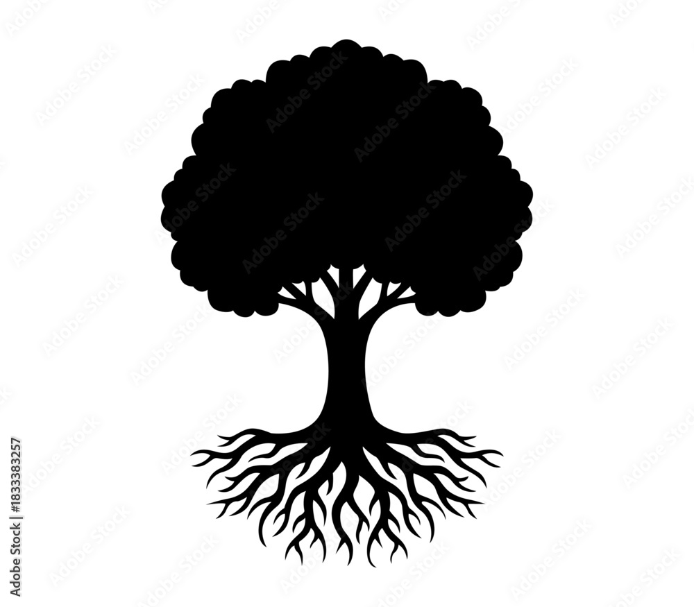 Obraz premium Árbol con raíces extendidas y copa frondosa en silueta negra