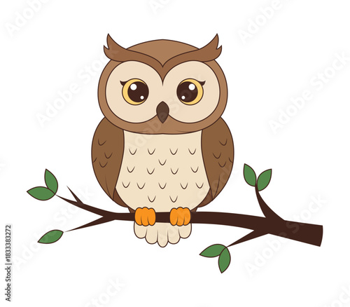 Búho caricaturesco posado sobre rama con hojas verdes