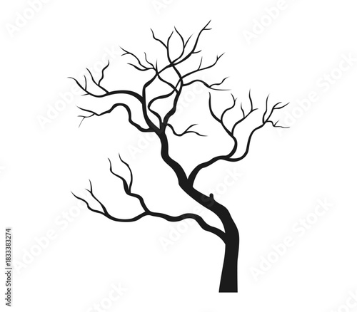 Árbol sin hojas con ramas retorcidas en silueta negra