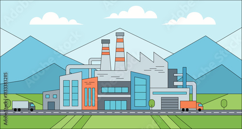 Complejo industrial moderno en entorno rural montañoso