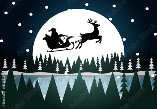 Silueta de papá noel y reno volando sobre el bosque en navidad