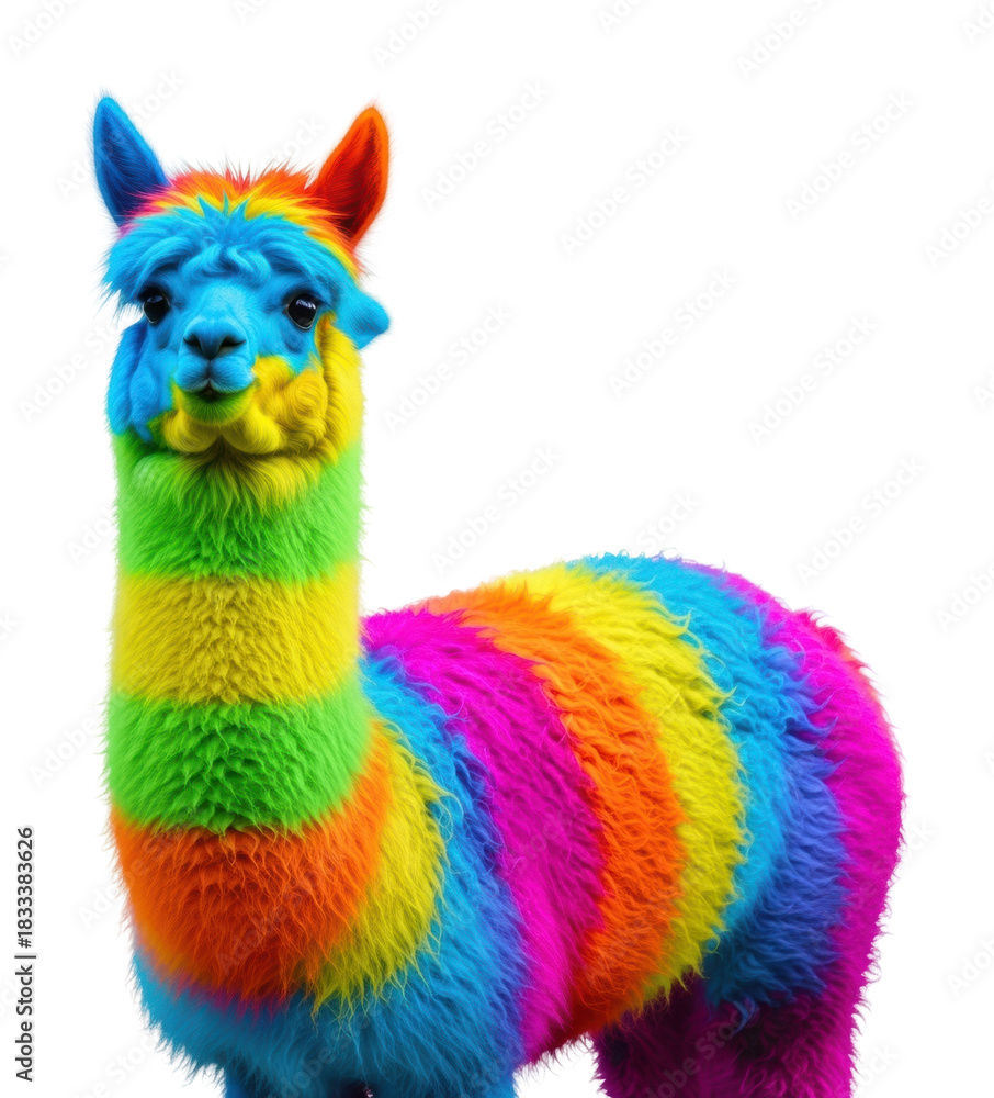 Obraz premium Vibrant rainbow alpaca portrait animal isolated on transparent background