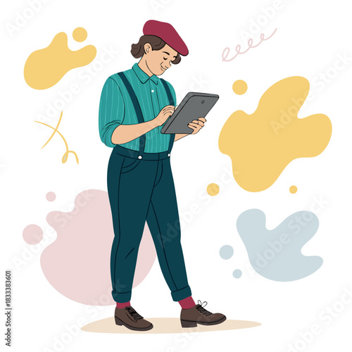 Una persona creativa con boina y tablet digital dibuja mientras está de pie, rodeada de formas coloridas.
