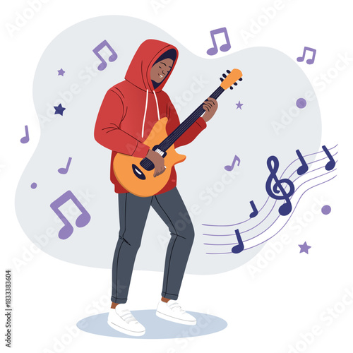 Un joven con sudadera con capucha toca una guitarra eléctrica, rodeado de notas musicales y ambiente creativo.
