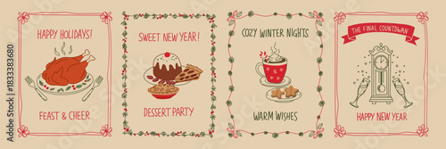 Hand drawn Christmas poster set. Retro vintage New Year doodle illustrations in minimalist line art style with Christmas turkey, clock and sweets. Festive coquette vector design