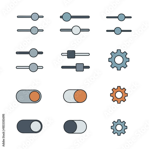 Set of UI elements including sliders toggles and gears for interface design.