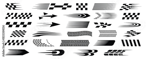racing cars and race car stripes vector set, including checkered flag, finish line graphics, motocross labels, dynamic speed lines, and motorsport designs, perfect for car wraps, automotive branding, 