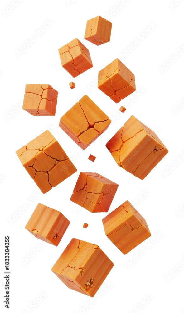 Fototapeta premium Falling orange cubes aerial view abstract isolated on transparent background