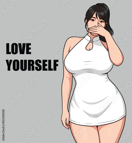 Curvy woman in a white halter dress covering her mouth with hand next to Love Yourself typography, body positivity concept vector