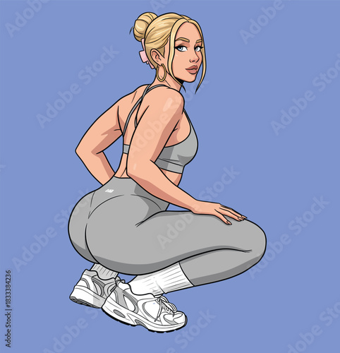 Blonde fitness woman in grey gym wear and sneakers squatting and looking back over shoulder, workout vector illustration