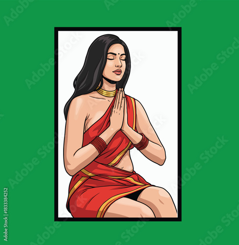 Spiritual Indian woman with hands joined in namaste prayer pose wearing red traditional clothing, meditation and greeting vector