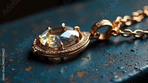 Sparkling gemstone pendant on gold chain shimmers in captivating light, an elegant treasure reflecting luxury and timeless beauty, perfect for fashion ads